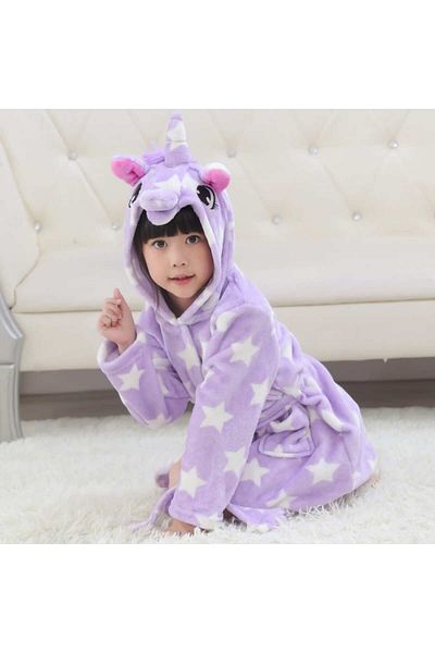 zzz sleep good sleeping !!! Children's bathrobe, Unicorn pattern, white star print, in shades of lilac purple