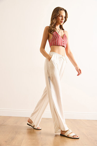 Olalook Kadın Beyaz Cepli Astarlı Dantel Detaylı Palazzo Pantolon PNT-19000357