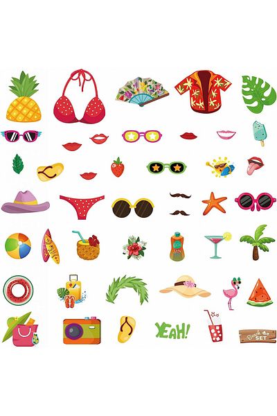 Qpout Set of 44 Hawaiian decorations for photo booth, cardboard, multicolor
