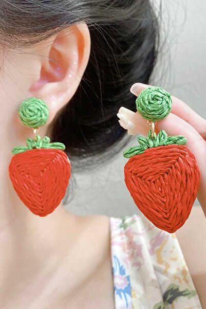 TAKIŞTIR Red and Green Color Strawberry Figured Earrings (Pair)