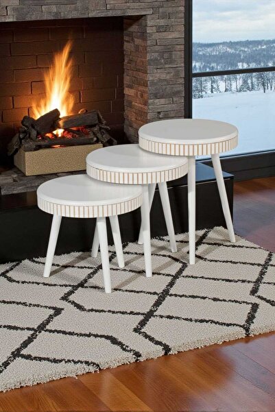 Akabesan Aksesuar Beyza Serisi İskandinav Tasarım Üst Kalite Ahşap Kayın Ağacından Beyaz 3'Lü Zigon Sehpa