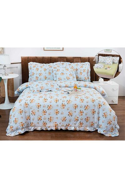 trendyhome Lenjerie de pat, bumbac fin, volane, 6 bucăți, maci, albastru, P23649-elastic