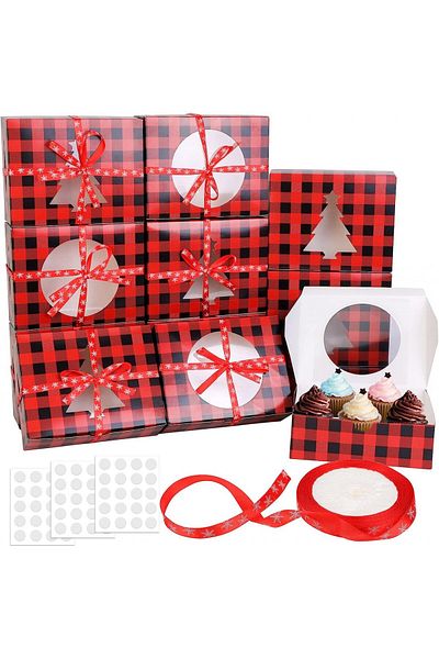 Qpout Set of 12 Christmas cookie boxes, paper/ribbon, red/black, 18 x 6 x 14 cm