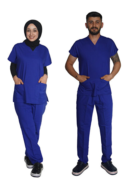 Marka LİKRALI UNİSEX HEMŞİRE VE DOKTOR SCRUBS TAKIM SAKS MAVİ