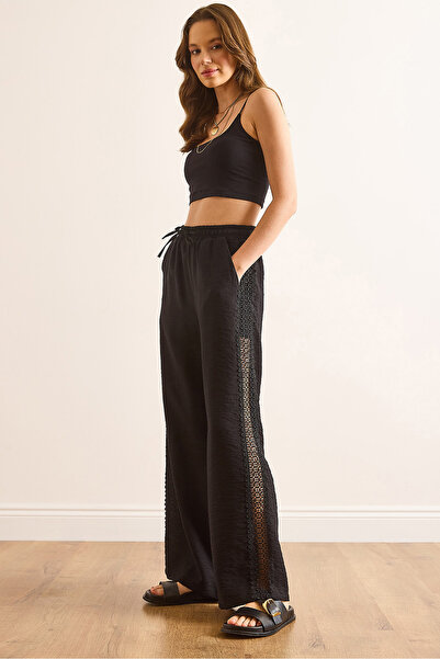 Olalook Kadın Siyah Cepli Astarlı Dantel Detaylı Palazzo Pantolon PNT-19000357