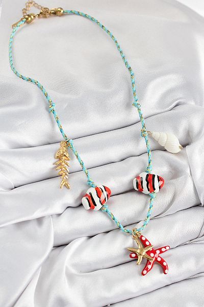 Celira Ceramic Motif Starfish Figured Model Blue Rope Women's Necklace