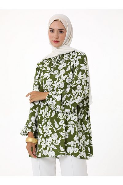 Refka Floral Printed Voile Tunic - Green -