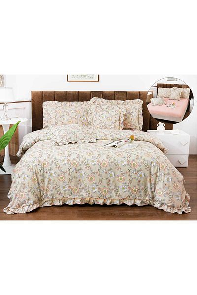 trendyhome Lenjerie de pat, bumbac fin, volane, 6 bucăți, maci, crem, P23650-elastic