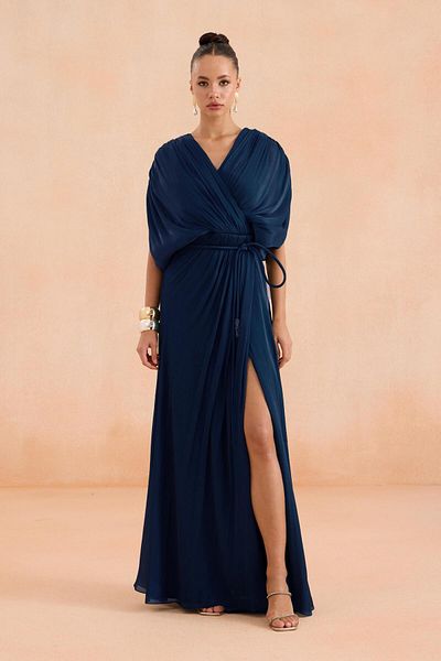 Carmen Navy Blue Slit Belted Organza Evening Dress