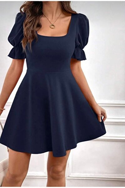 JADİYA فستان نسائي قصير بطول الركبة وأكمام بالون باللون الأزرق الداكن