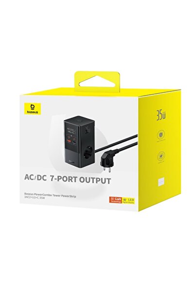 Baseus Incarcator de retea PowerCombo, cu prelungitor, 35W, 3x AC, 2x USB-C, 2x USB-A, 1.5m, Negru