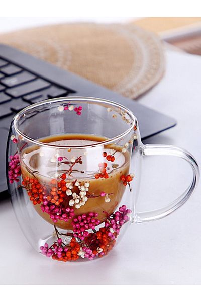 Bien Servi Decorated Flower Filling Elegant Design Double Wall Glass Coffee Mug 250 ml