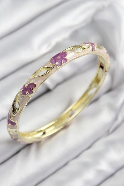 Celira Gold Color Women's Handcuffs with Enamel Brass Flower Motif
