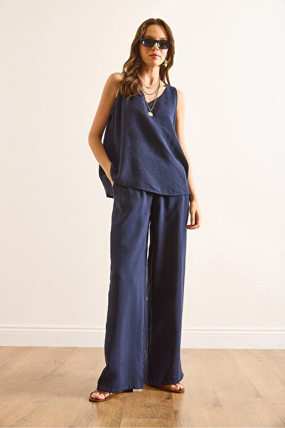 Olalook Women's Navy Blue Top V-Neck Bell Blouse Bottom Pocket Pants Soft Texture Suit Tkm-19000413