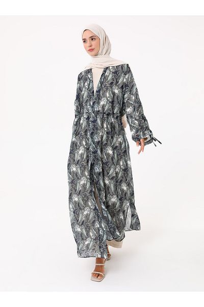 Refka Printed Chiffon Kimono - Green Patterned-