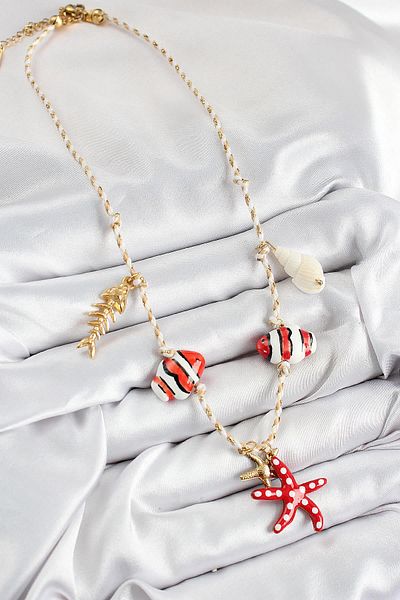 Celira Ceramic Motif Starfish Figured Model Cream Thread Women's Necklace