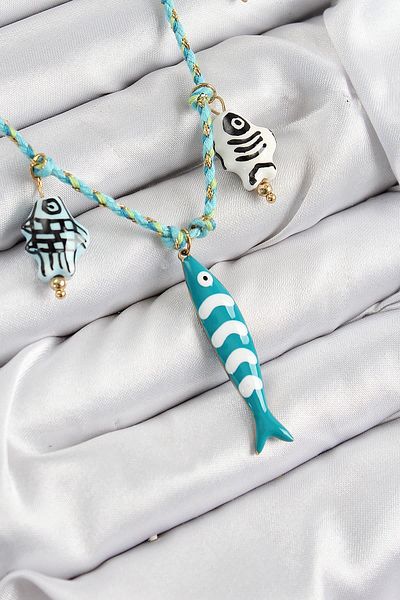 Celira Ceramic Motif Fish Figured Model Blue Rope Women's Necklace