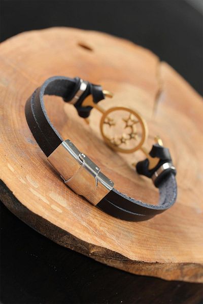 Celira Black Leather Men's Bracelet with Gold Color Star Metal Accessories