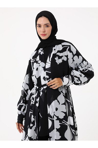 Refka Printed Chiffon Kimono -Black - White -Refka