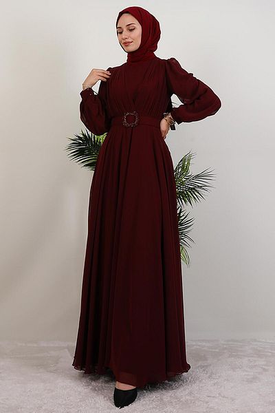 GİYZAMİLA Tuğba Chiffon Dress Burgundy