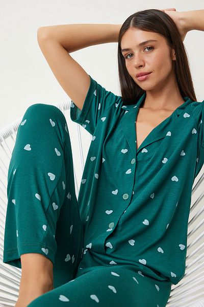 Lovelyİstanbul Set de pijamale cu cămașă și pantaloni cu inimă LEC0004 VERDE ÎNCHIS
