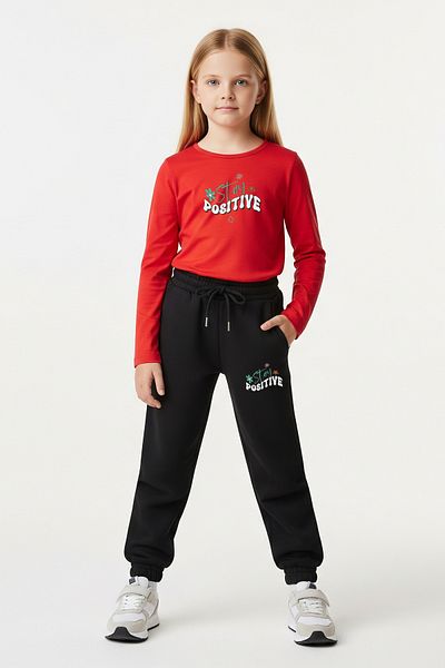 FYK KİDS Round Neck Stay Positive Printed Girl's Bottom-Up Set
