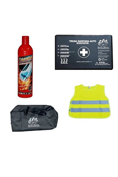 motor starter KIT auto obligatoriu omologat Trusa Medicala, Vesta, Stingator Tip Spray + Geanta Depozitare