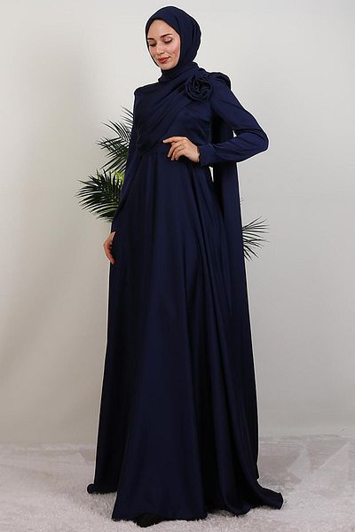 GİYZAMİLA Alaz Satin Rose Evening Dress Navy Blue