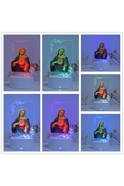 ILUMISHOP Lampa De Veghe LED, Maica Domnului, 7 Culori, Alimentare USB sau 3 baterii AA