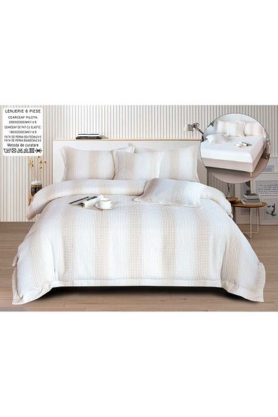 trendyhome Bed Linen, Fine Cotton, IN Grofat Latos, 6 Pieces, Elegant, White/Cream, P23663-Elastic