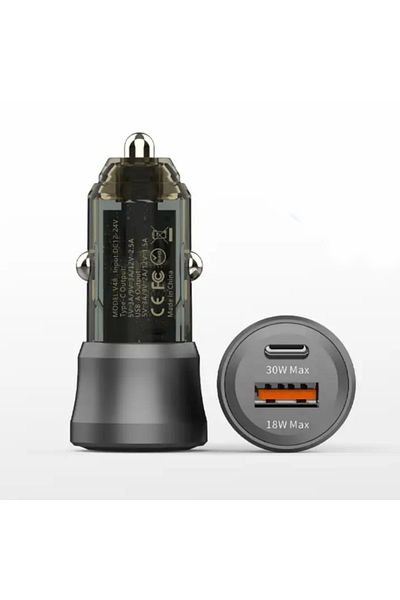 eRDX eRDX® Car Charger – 48W, USB-C 30W PD + USB-A 18W QC 3.0, PPS, Transparent