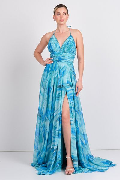 ÖMÜR INN Ömür Inn Women's Halter Neck Patterned Chiffon Maxi Evening Dress 5492 Turquoise
