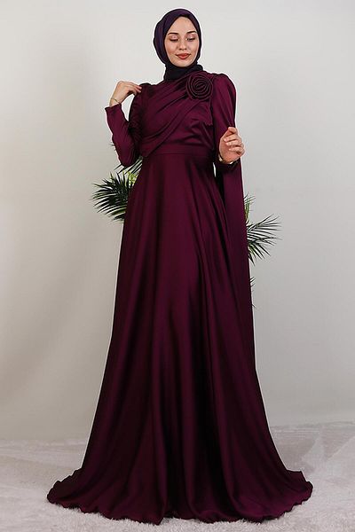 GİYZAMİLA Alaz Satin Rose Evening Dress Purple