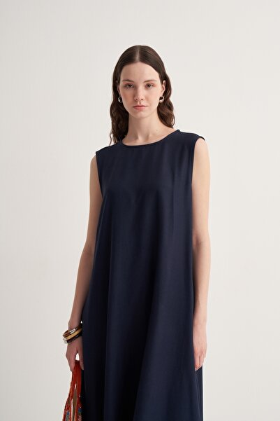 EBU Prive Γυναικείο φόρεμα Cupra από βαμβακερό ντραπέ με μηδενικό μανίκι σε μπλε ναυτικό