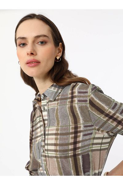 Refka Button-Toe Plaid Printed Chiffon Hijab Dress - Brown Plaid -