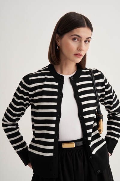 EBU Prive Kadın İnce Triko Çizgili Hırka Siyah