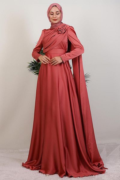 GİYZAMİLA Alaz Satin Rose Evening Dress Coral