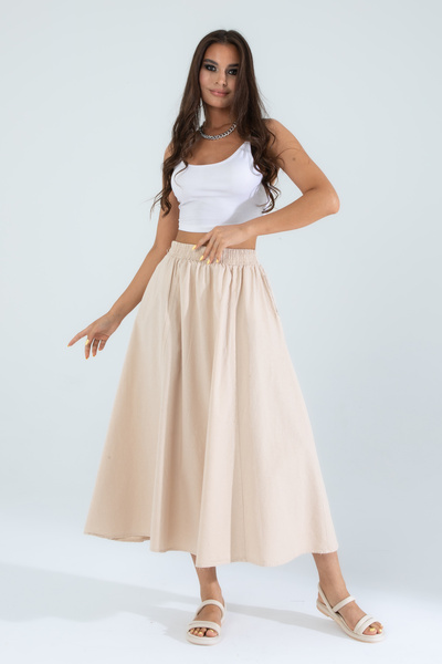 Suzella Women's Stone 100% Cotton Linen Pocket Skirt