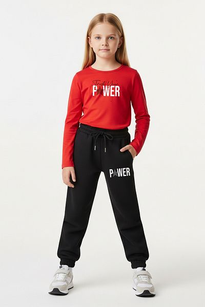 FYK KİDS Round Neck Power Printed Girl's Bottom-Top Set