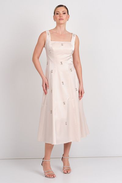 Saygın Women's Square Neck Stone Detailed Midi Length Evening Dress 5612 Beige