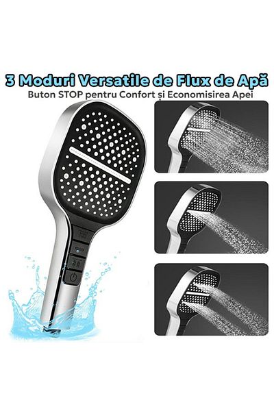 FOXMAG24 3-in-1 high pressure shower head, 3 spray modes, easy to install and clean, silver/black