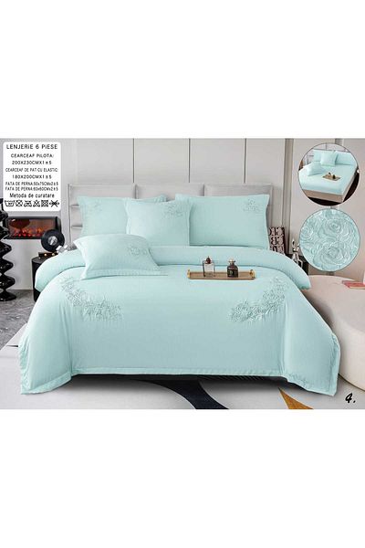 trendyhome Bed Linen, Fine Smooth Cotton, Embroidery, 6 Pieces, Plain, Blue, P23683-Elastic