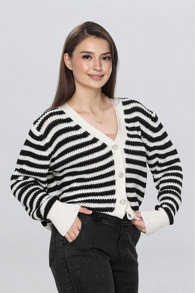 EZGİ KILINÇ Women's Stone Button Detailed Striped Cardigan Tr1004