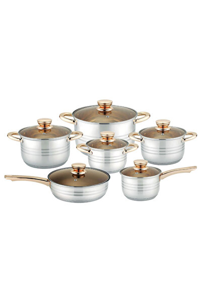 Olympia مجموعة من 12 قطعة من أواني الطهي والمقالي المصنوعة من الفولاذ المقاوم للصدأ بمقبض ذهبي