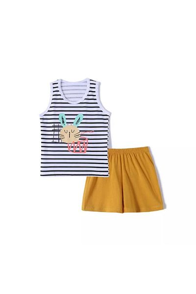 zzz sleep good sleeping !!! Pijama scurta pentru copii, cu imprimeu alb negru si pantaloni galbeni