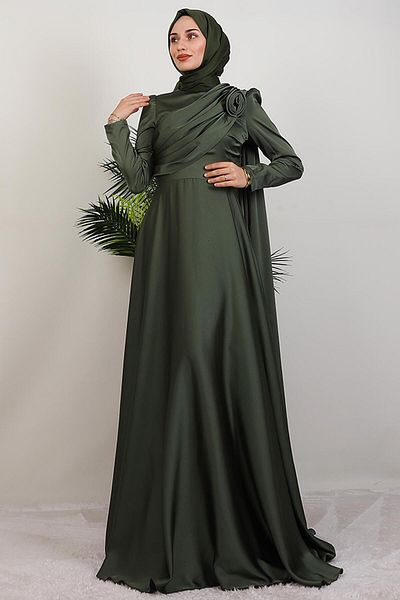 GİYZAMİLA Alaz Satin Rose Evening Dress Khaki