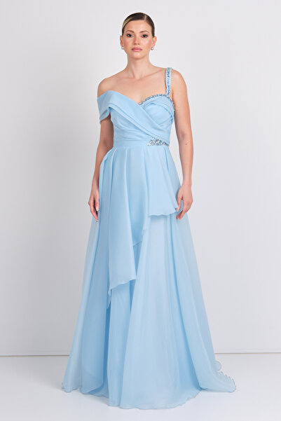 Saygın Women's One Shoulder Detailed Chiffon Fabric Maxi Evening Dress 5614 Blue