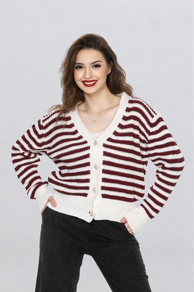 EZGİ KILINÇ Women's Stone Button Detailed Striped Cardigan Tr1004