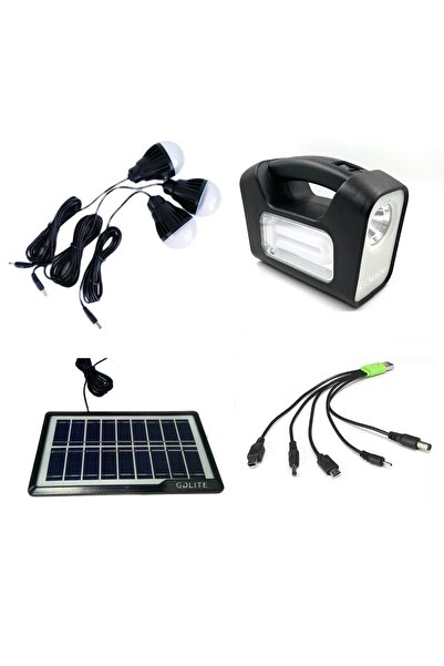 GDLITE Kit solar portabil cu 3 becuri led, lanterna, powerbank negru