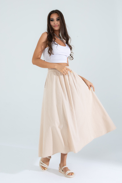 Suzella Women's Stone 100% Cotton Linen Pocket Skirt